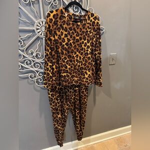 Women’s G by Guiliana leopard print knit pajama pj jogger set sz L